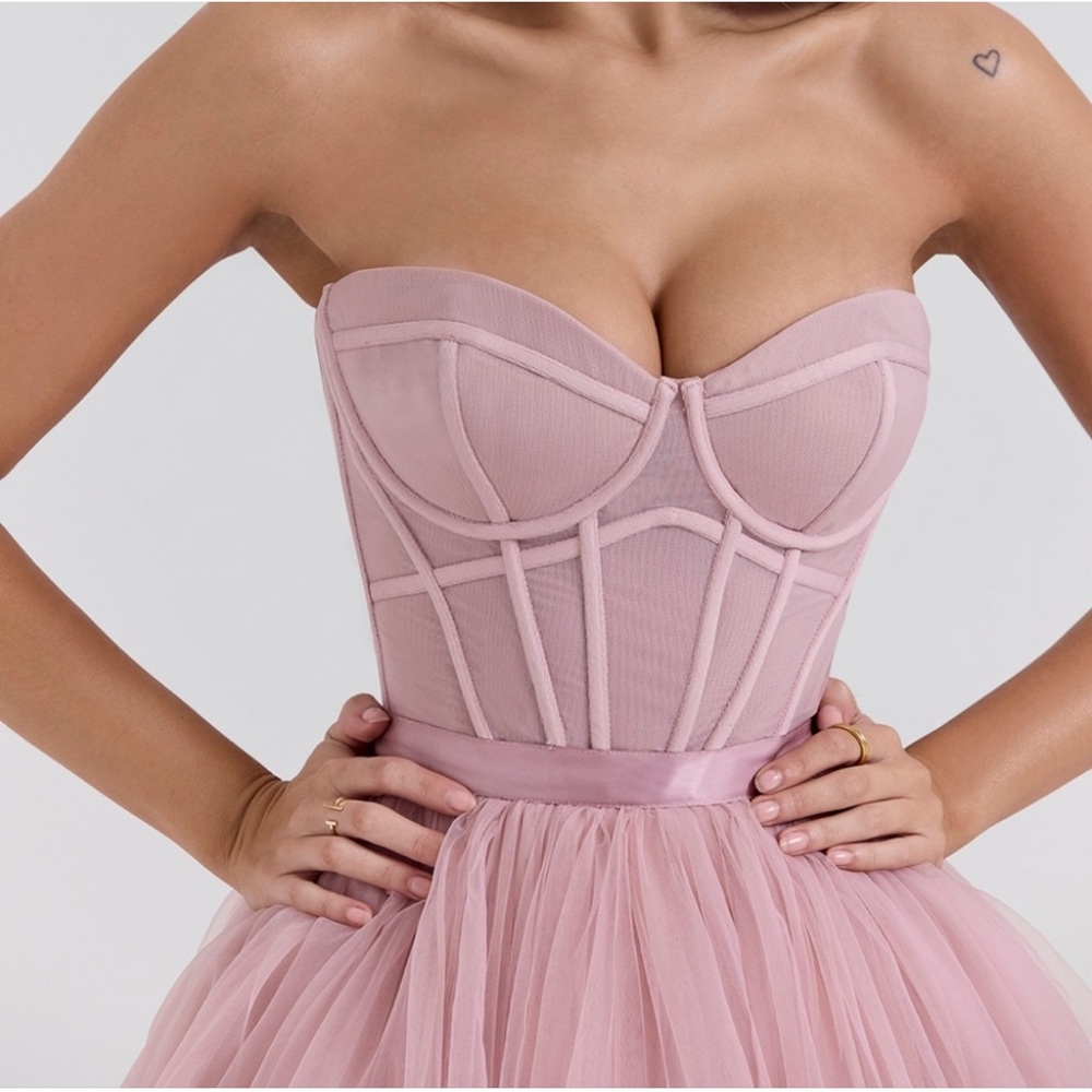 House of CB Dusty Pink Strapless Tulle Midi Dress - Picture 2 of 10